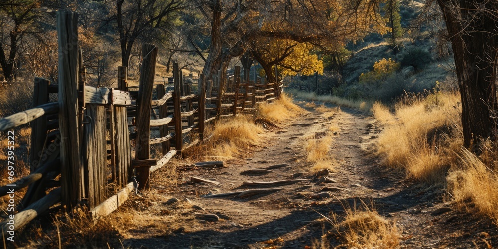 Aufkleber a picture of a dirt path with a wooden fence running through the middle. suitable for nature, countr