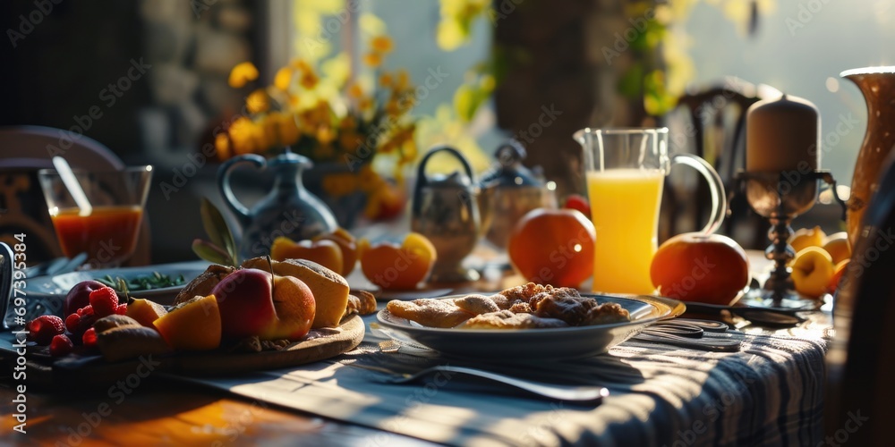 Poster A picture of a table with a plate of fruit and a pitcher of orange juice. Perfect for showcasing a healthy breakfast or brunch.