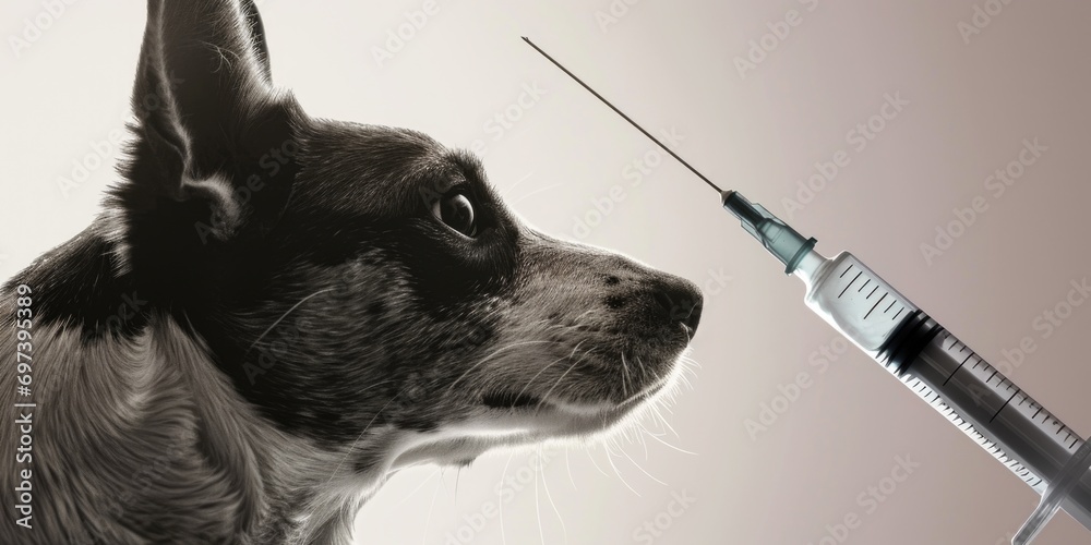 Aufkleber A black and white photo of a dog holding a pair of scissors. This unique image can be used for various purposes