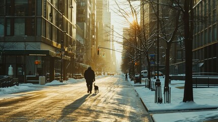 A person is seen walking their dog down a snowy street. This image can be used to depict winter walks or pet ownership in cold weather