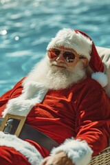 Santa Claus is seen sitting in a chair by the pool. This image can be used for Christmas-themed pool parties or as a humorous representation of Santa taking a break