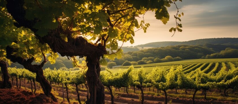 Grape vines thriving in Hambledon Vineyard, UK.