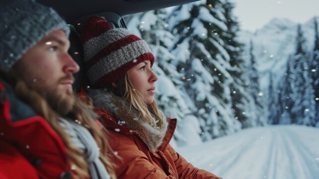 A picture of a man and a woman sitting inside a car surrounded by snow. Can be used to depict winter travel, road trips, or stranded in a snowstorm