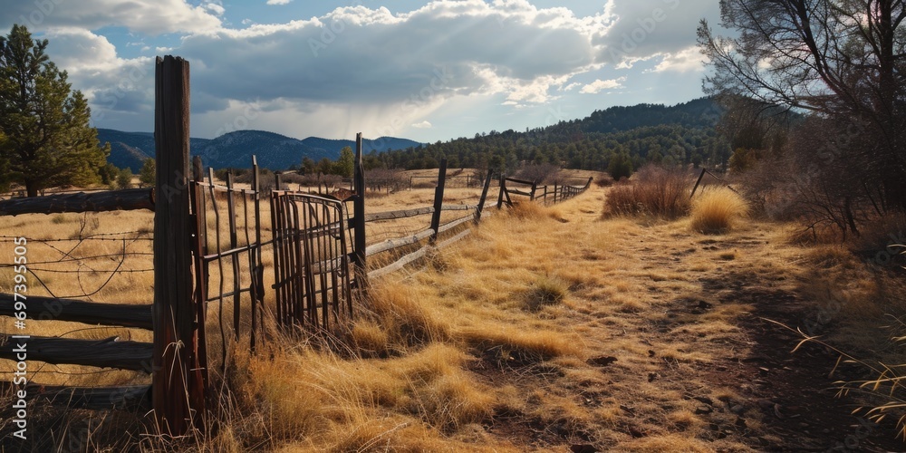 Aufkleber a picture of a fence standing in the middle of a dry grass field. suitable for various uses