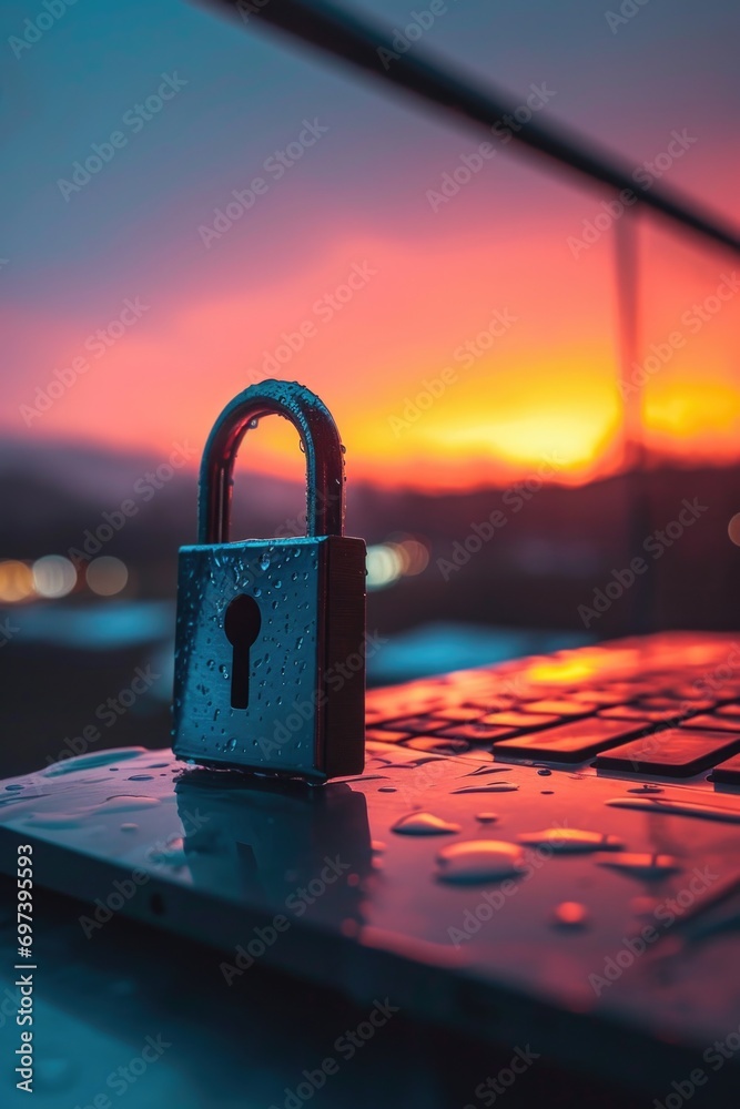 Poster A laptop computer with a padlock sitting on top. Perfect for illustrating cybersecurity, data protection, or online privacy.