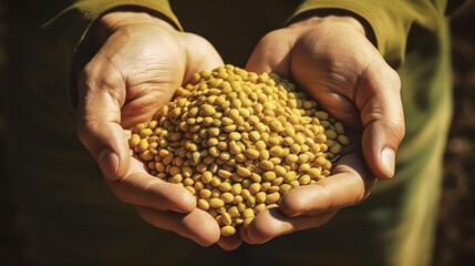 A farmer proudly holds a handful of soybeans