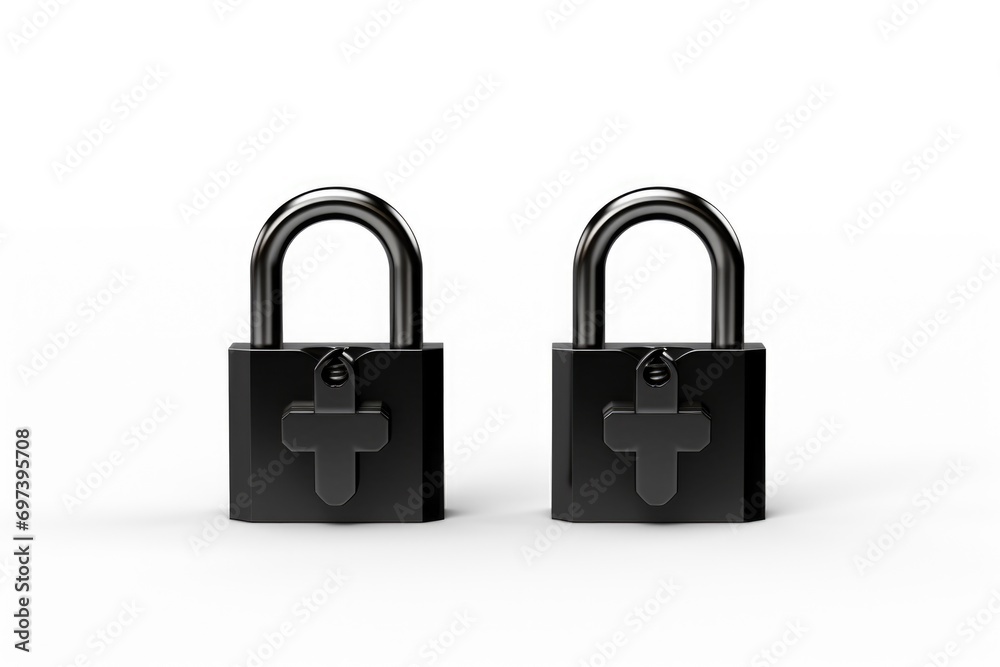 Poster two black padlocks sitting side by side. perfect for illustrating security, protection, or locking c