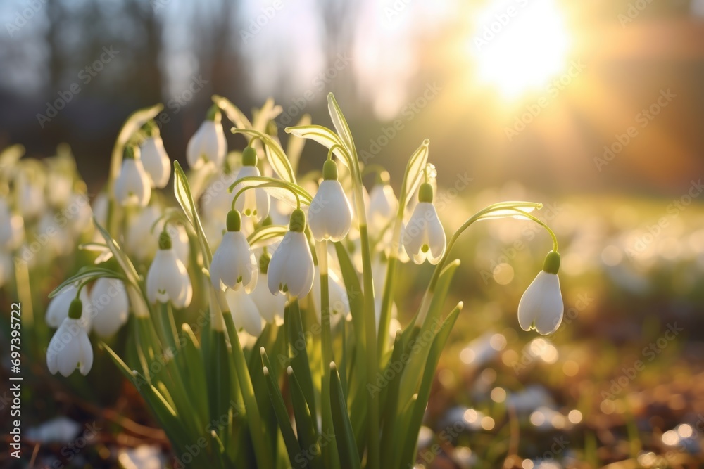 Poster a beautiful bunch of snowdrops in a field, illuminated by the warm colors of the sunset. perfect for