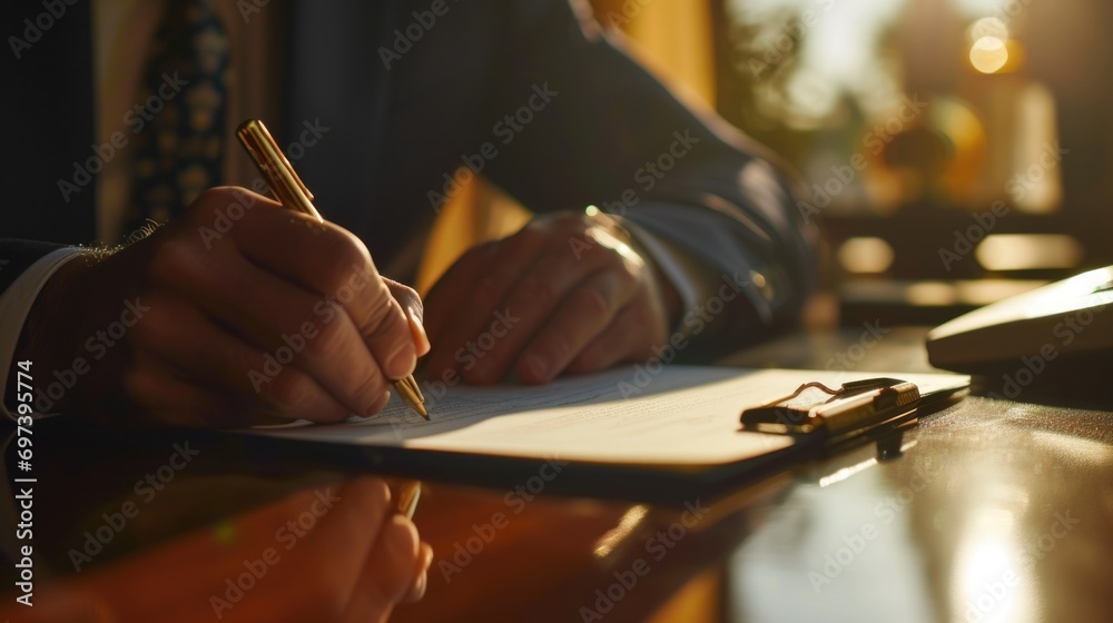 Poster a man in a suit writing on a piece of paper. suitable for business and office-related concepts