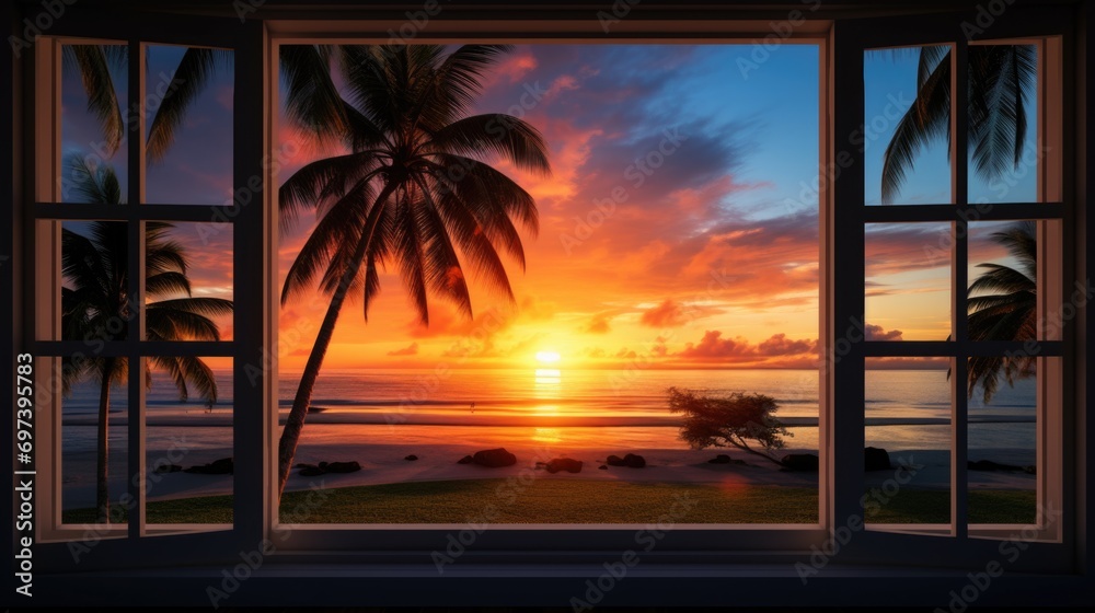 Aufkleber An open window with a view of the ocean and palm trees. Perfect for travel brochures or websites