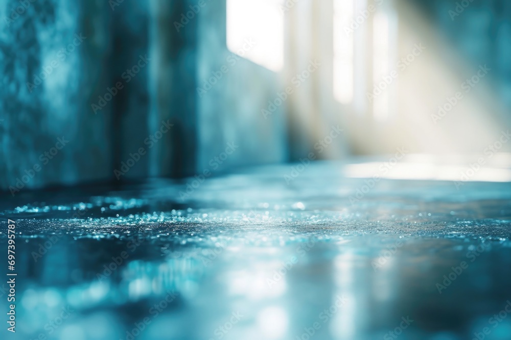 Poster A picture of a wet floor with sunlight shining through the window. Perfect for showcasing the beauty of natural light and the serene ambiance it creates. Can be used for various concepts and themes