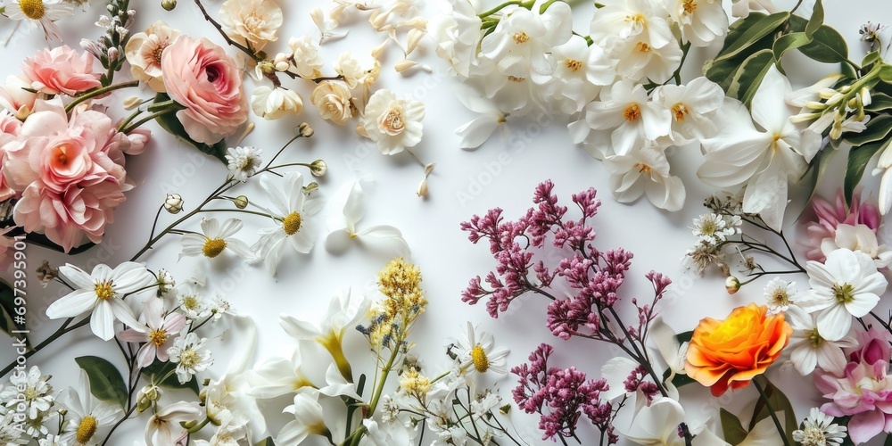 Poster A collection of different flowers arranged neatly on a white surface. Suitable for various uses and occasions