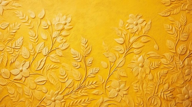 The background of the yellow floral wall has a texture