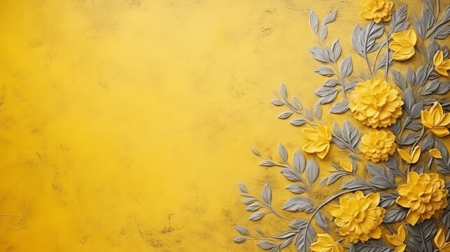 The background of the yellow floral wall has a texture