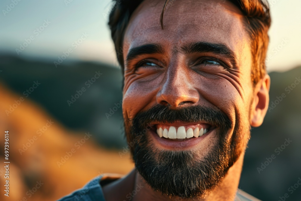 Aufkleber A man with a beard smiling at the camera. Suitable for various uses