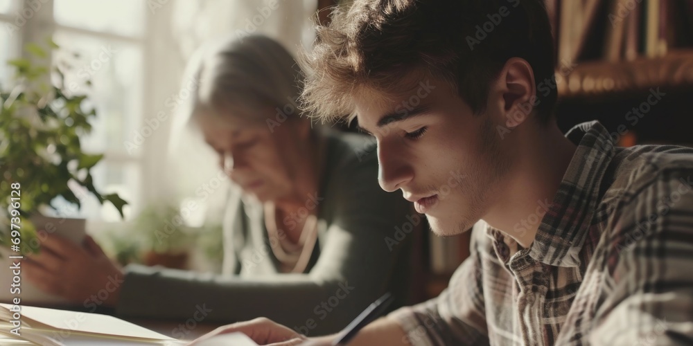 Poster a man and a woman are seated at a table, engaged in writing. this image can be used to depict teamwo