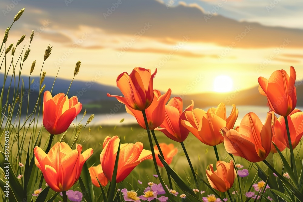 Poster a beautiful sunset illuminating a field of vibrant flowers. perfect for adding a touch of natural be