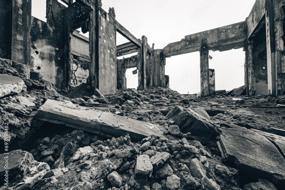 Poster a black and white photo of a destroyed building. suitable for editorial use or to depict urban decay