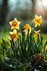 Beautiful group of yellow daffodils in the grass. Perfect for springtime and nature-themed designs