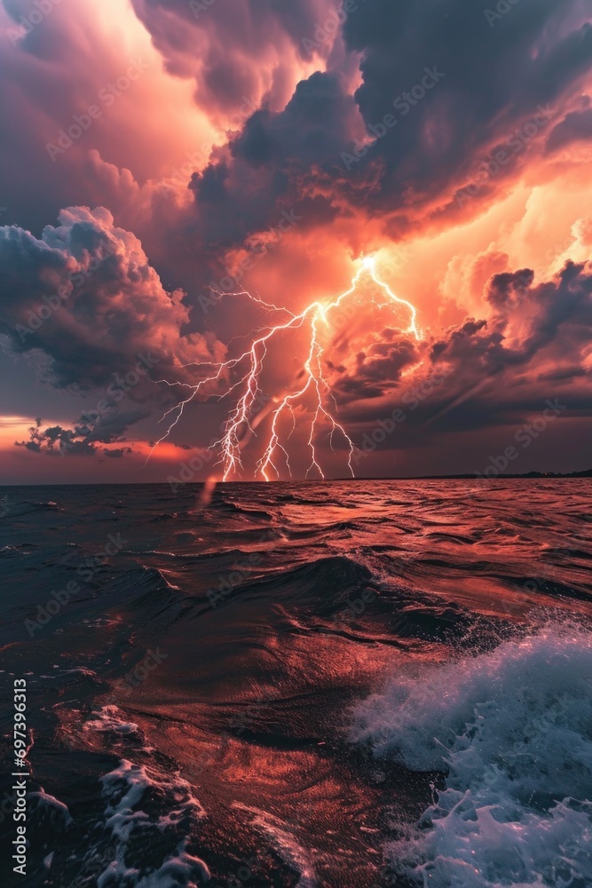 Poster a powerful lightning bolt illuminating the sky above a serene body of water. this captivating image 