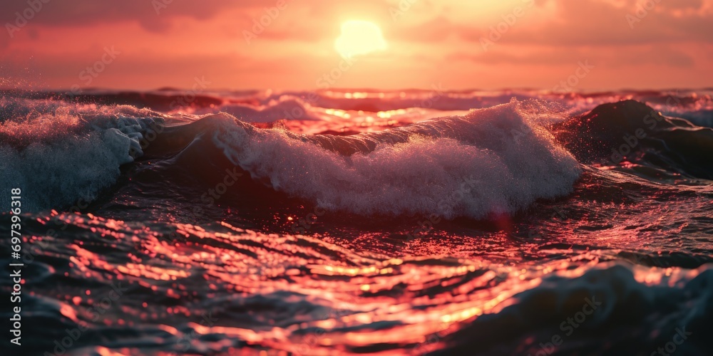 Aufkleber A beautiful sunset scene with the sun setting over the waves in the ocean. This image can be used to depict serenity and tranquility