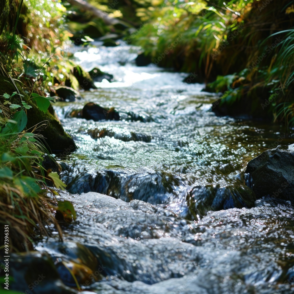 Poster a picture of a serene stream flowing through a vibrant and verdant forest. perfect for nature-themed