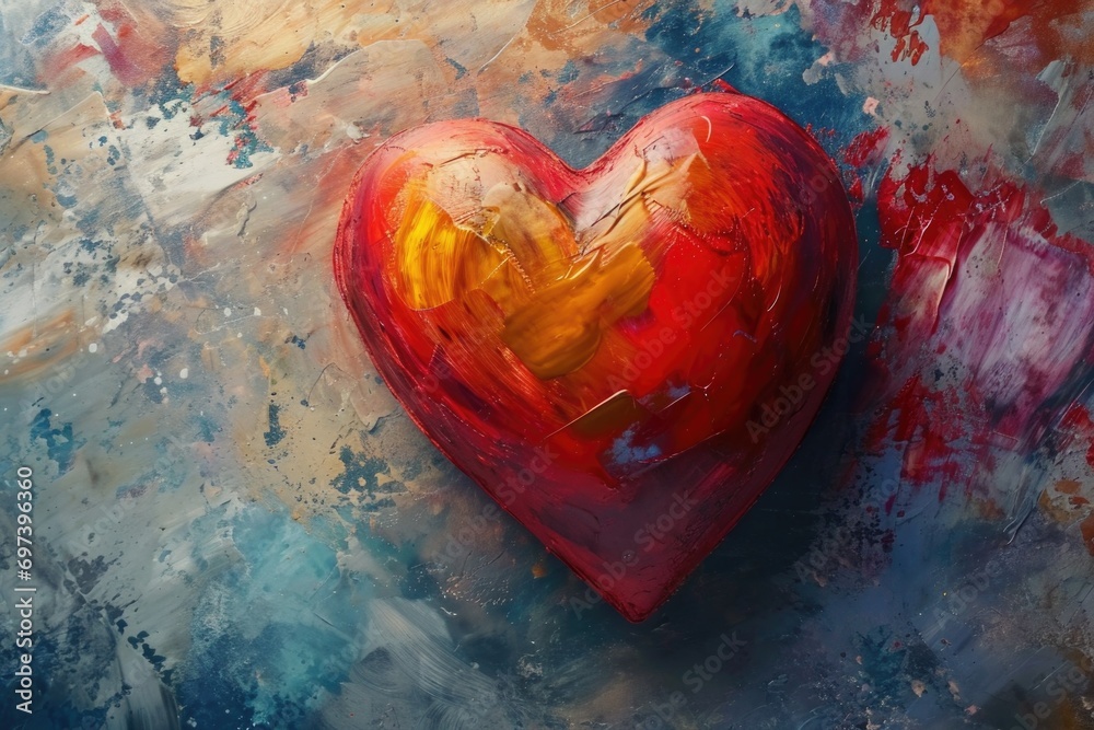 Poster a painting of a red heart on a blue background. suitable for various occasions and themes