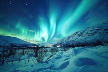 Majestic Northern Lights Over Snowy Mountains