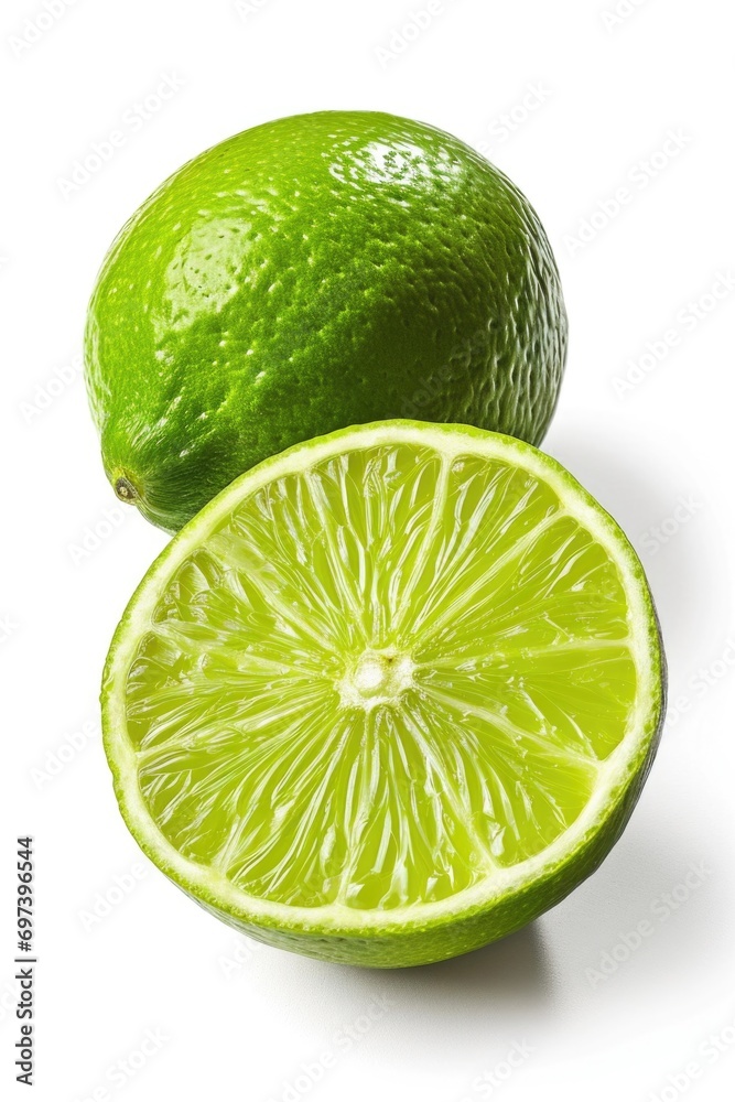 Poster freshly cut limes sliced in half placed on a clean white surface. ideal for food and beverage-relate