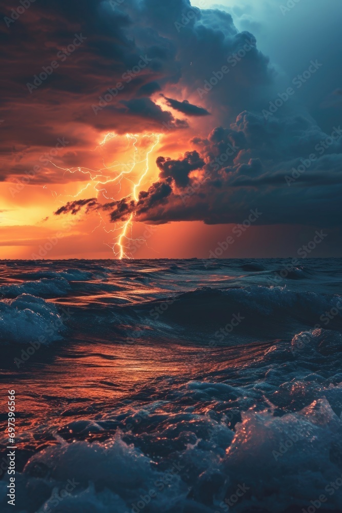 Poster A stunning sunset with a dramatic lightning bolt emerging from the clouds. Perfect for adding a touch of awe and excitement to any project