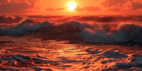 A beautiful sunset over the ocean waves. Perfect for beach-themed designs and coastal landscapes