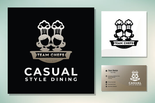 Twin Double Chefs Team for Restaurant Cafe Bar Classic Vintage Logo design
