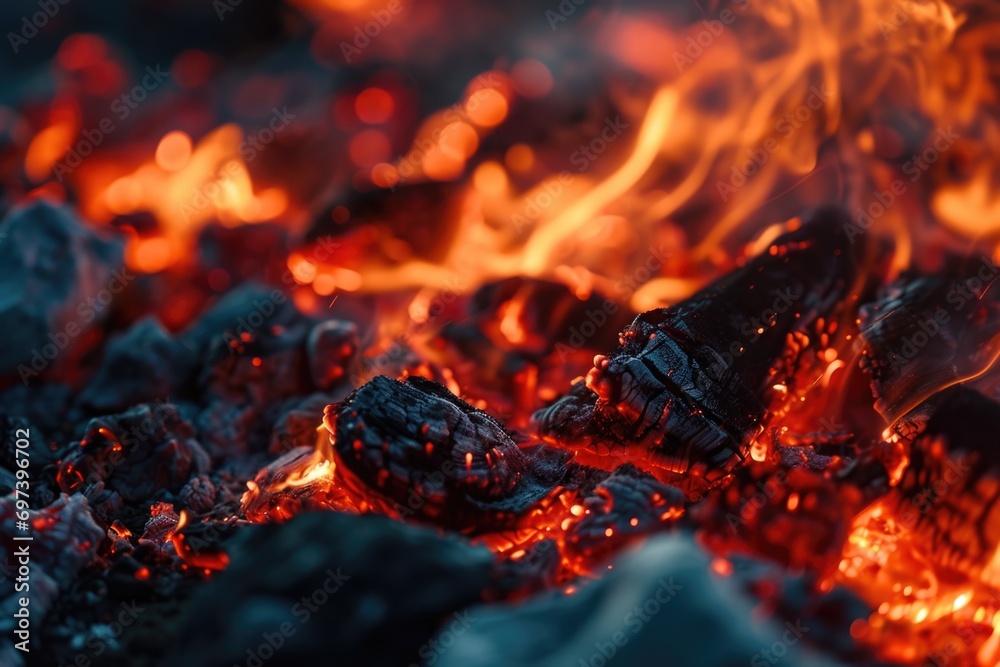 Poster Close-up view of fiery flames in the background. Perfect for adding warmth and intensity to any design or project