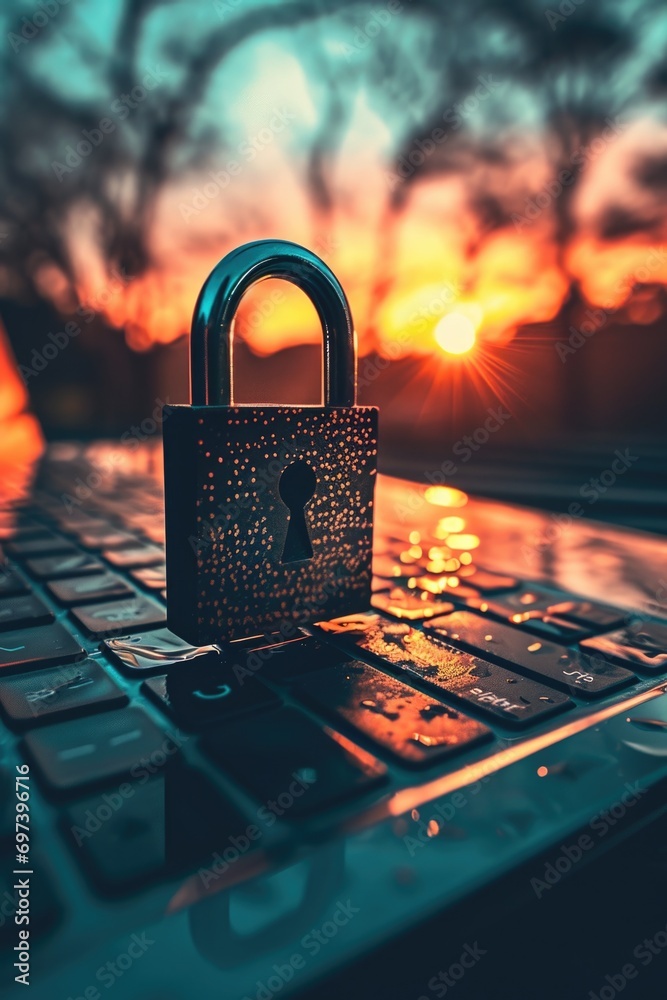 Poster A padlock sitting on top of a laptop keyboard. Perfect for illustrating data security and protecting sensitive information