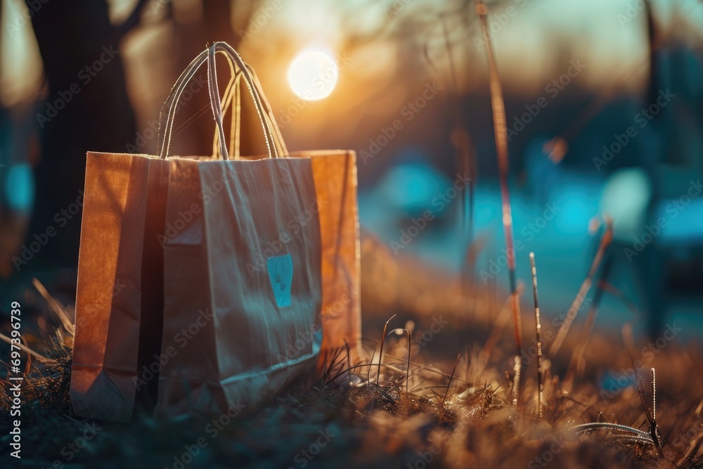 Poster a brown paper bag resting on the grass, suitable for various uses