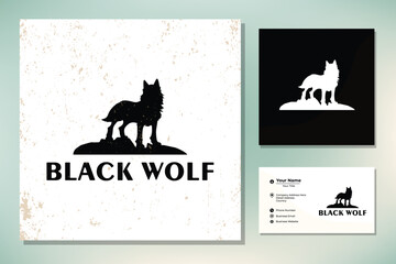 Standing Black Wolf Fox Dog Coyote Jackal on the Rock Rustic Vintage Silhouette Retro Hipster Logo Design