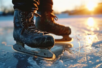 A close-up view of a person's feet wearing ice skates. Perfect for winter sports and ice skating-themed designs