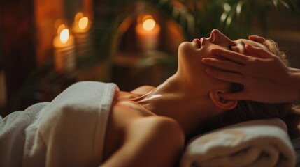 Woman getting a facial massage at a spa. Ideal for promoting relaxation and self-care