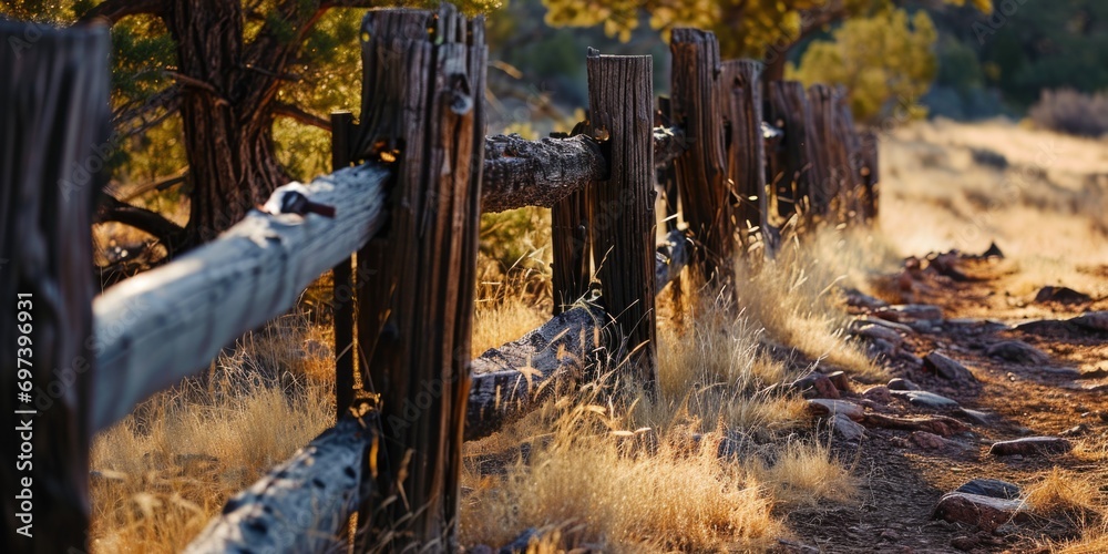 Poster a picture of a wooden fence in the middle of a field. this image can be used to represent rural land