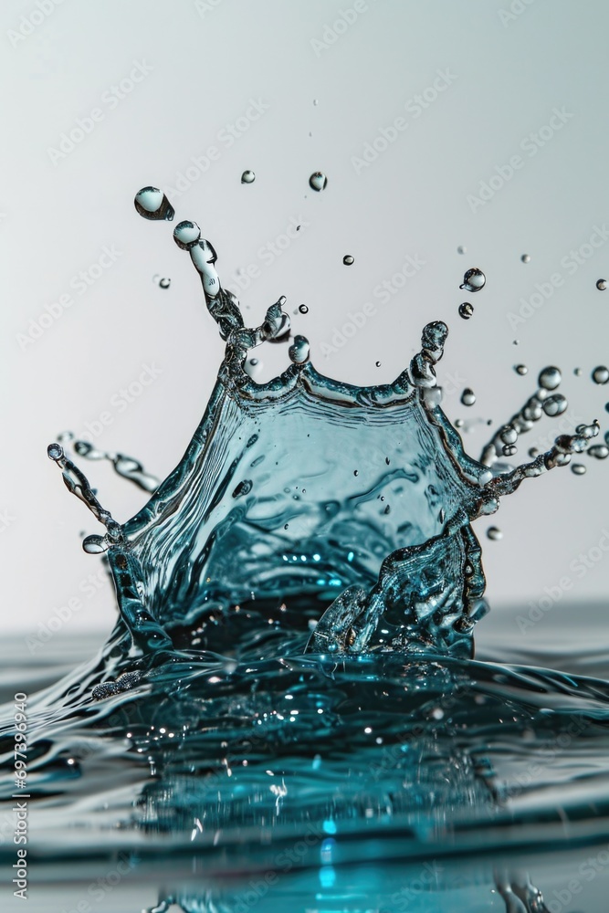 Poster a splash of water on top of a blue surface. can be used to represent refreshing concepts or water-re