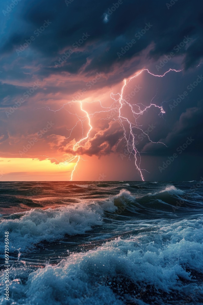 Poster a powerful lightning bolt striking the sky above a serene body of water. this captivating image capt