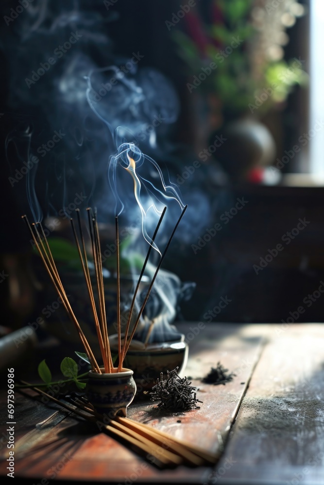 Poster a picture of incense sticks placed in a bowl, emitting smoke. perfect for creating a calm and relaxi