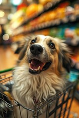 A dog sitting in a shopping cart. Perfect for showcasing pet-friendly stores and promotions