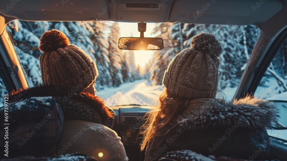 Poster A picture of two people sitting in the back seat of a car surrounded by snow. Perfect for illustrating winter road trips or cozy car rides in snowy weather