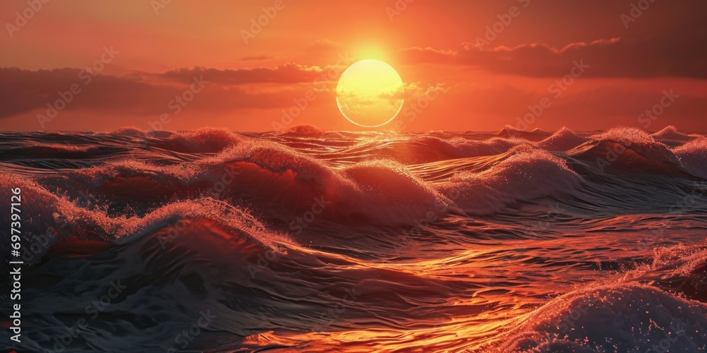 Poster A beautiful image capturing the setting sun over the ocean waves. Perfect for nature and landscape enthusiasts.