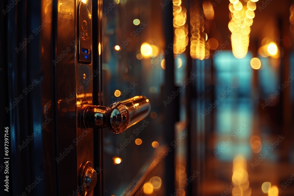 Aufkleber A close-up view of a door handle with vibrant lights in the background. This image can be used to depict modern architecture, interior design, or the concept of entering a new opportunity
