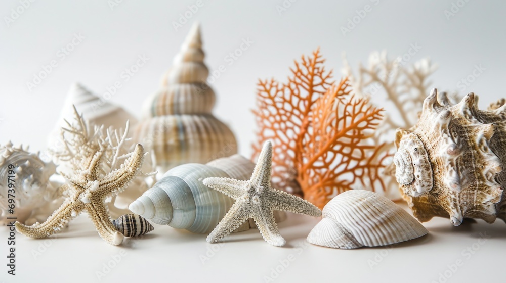 Aufkleber a group of seashells and coral on a white surface. perfect for beach-themed designs or marine-relate