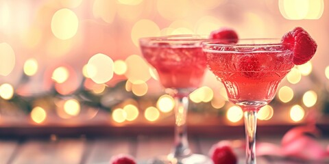 Two pink cocktails with raspberries for valentine’s day
