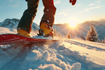 Snowboarder riding down a snowy slope. Perfect for winter sports and outdoor adventure concepts