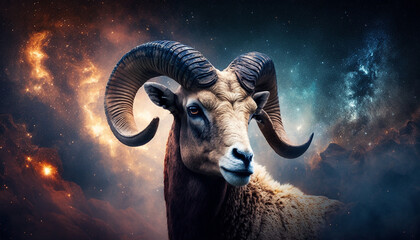 Aries zodiac sign on space background. Generative AI,